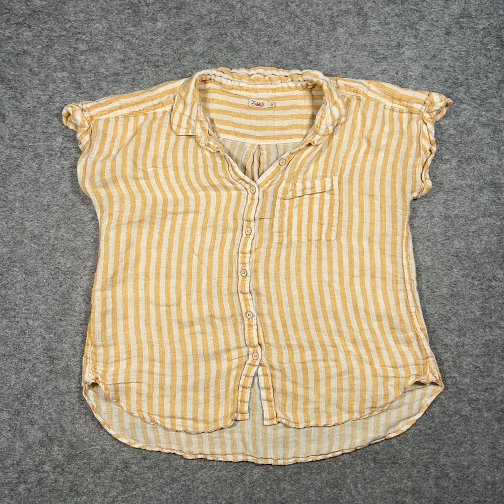FAHERTY Top Womens L Yellow Stripe Linen Short Sleeve Relaxed Casual Beach Shirt